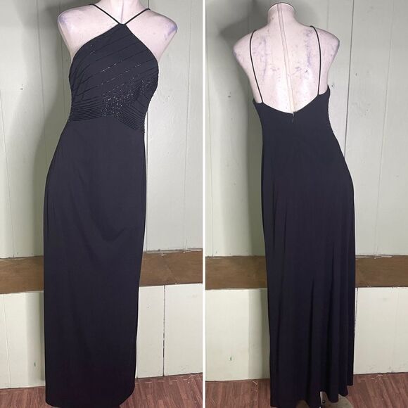 90s Vintage De Laru Black Beaded Halter Prom Gown Black Flowy Maxi Dress 7/8 - Picture 2 of 10